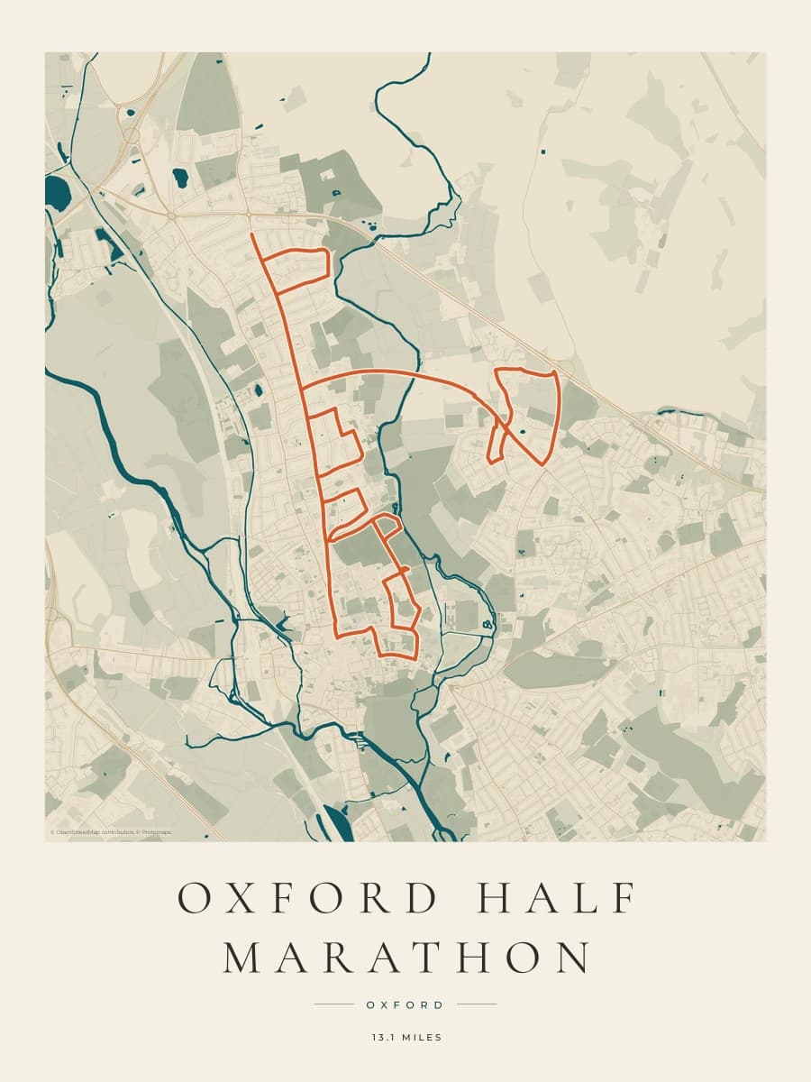 Oxford Half Marathon route map poster preview in the Coastal Atlas artwork style