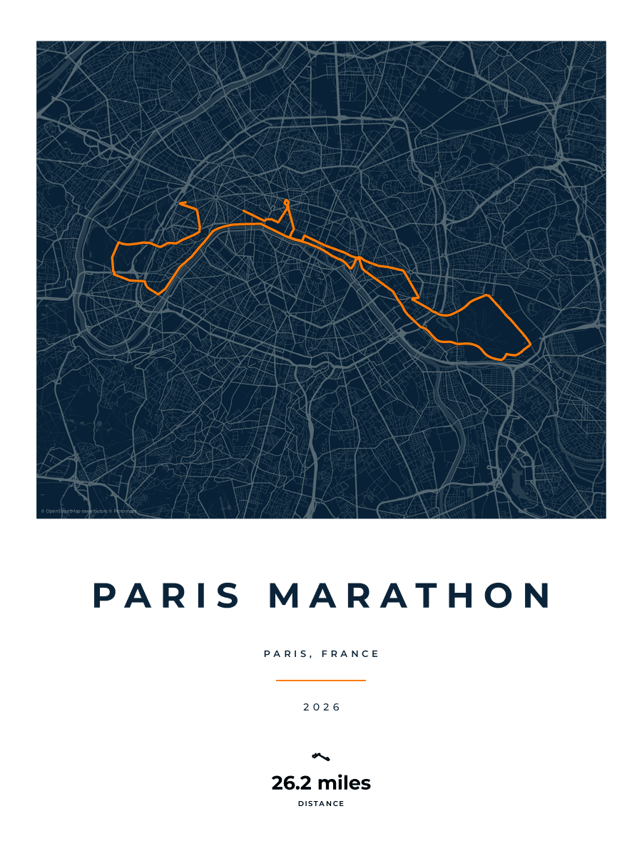 Paris Marathon route poster preview in the Race Blueprint artwork style