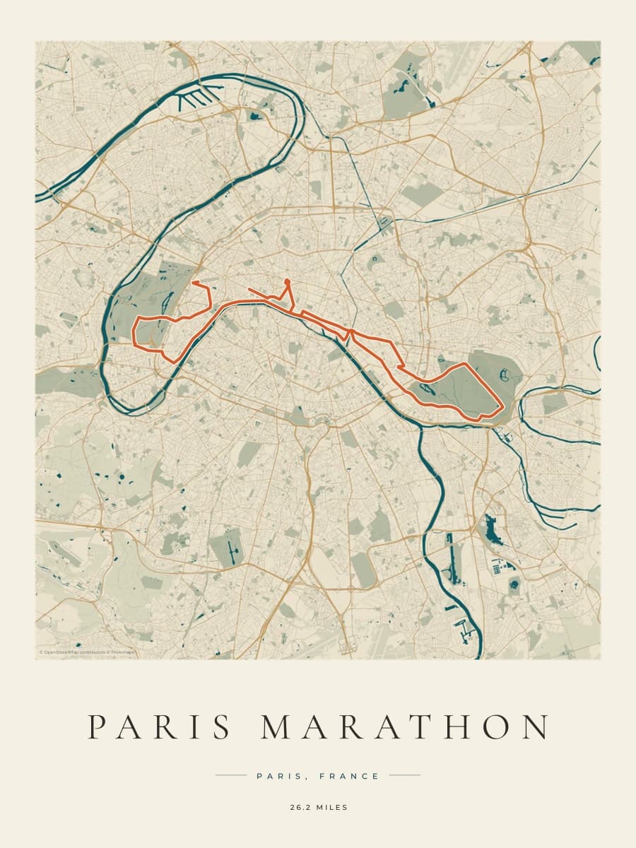 Paris Marathon route poster preview in the Coastal Atlas artwork style