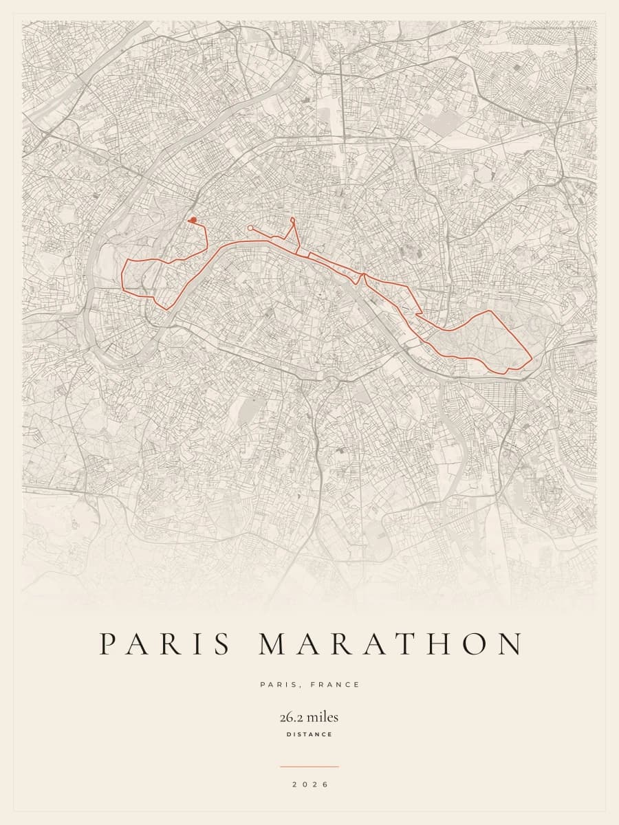 Paris Marathon route poster preview in the Gallery Mono artwork style