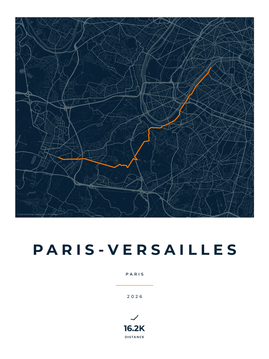Paris-Versailles route map poster preview in the Race Blueprint artwork style