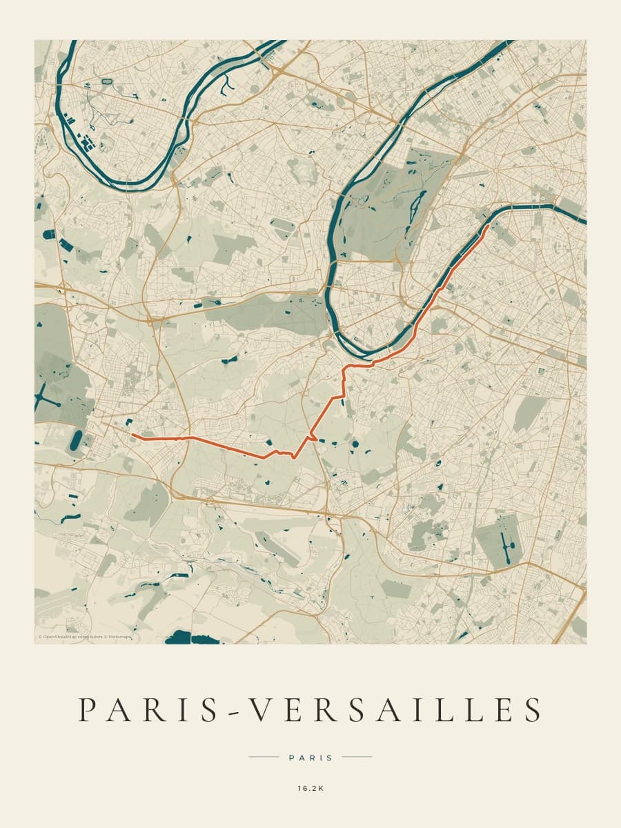 Paris-Versailles route map poster preview in the Coastal Atlas artwork style