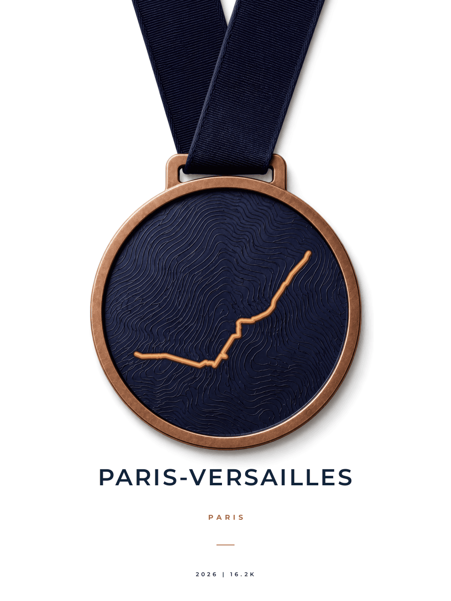 Paris-Versailles route map poster preview in the Medal artwork style