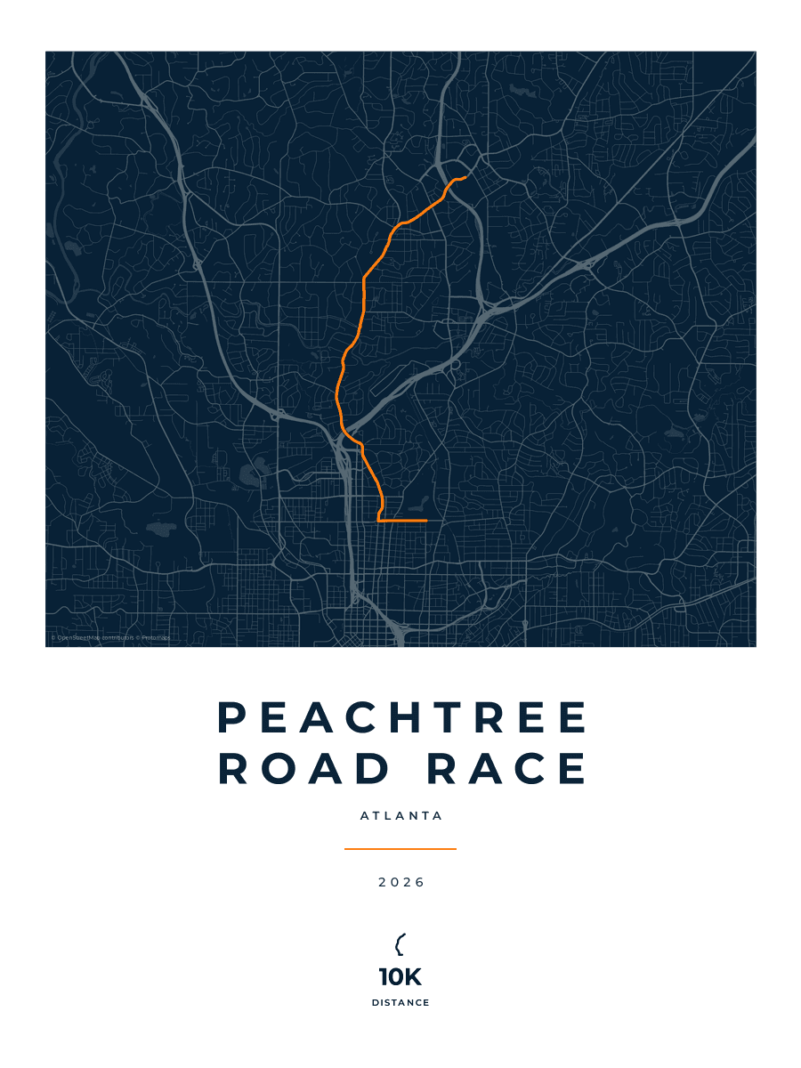 Peachtree Road Race route map poster preview in the Race Blueprint artwork style