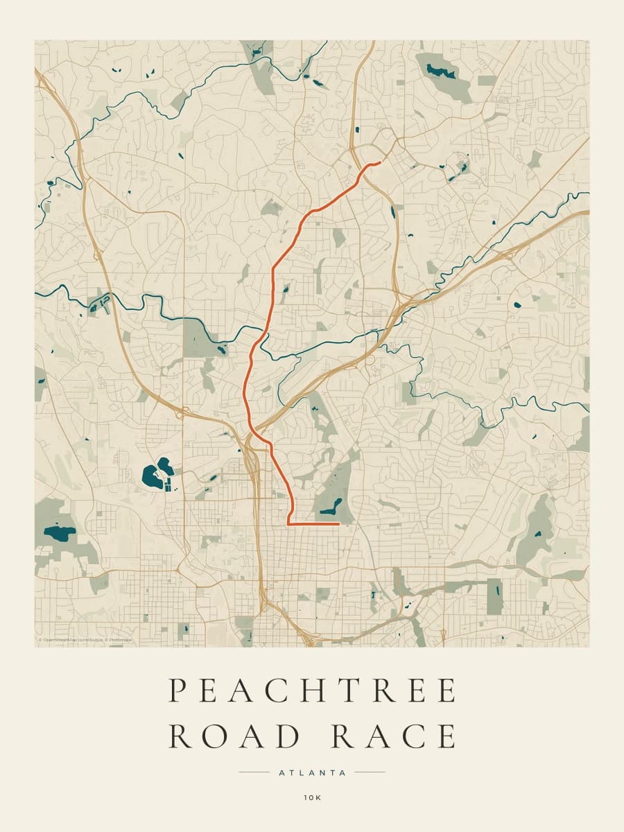 Peachtree Road Race route map poster preview in the Coastal Atlas artwork style