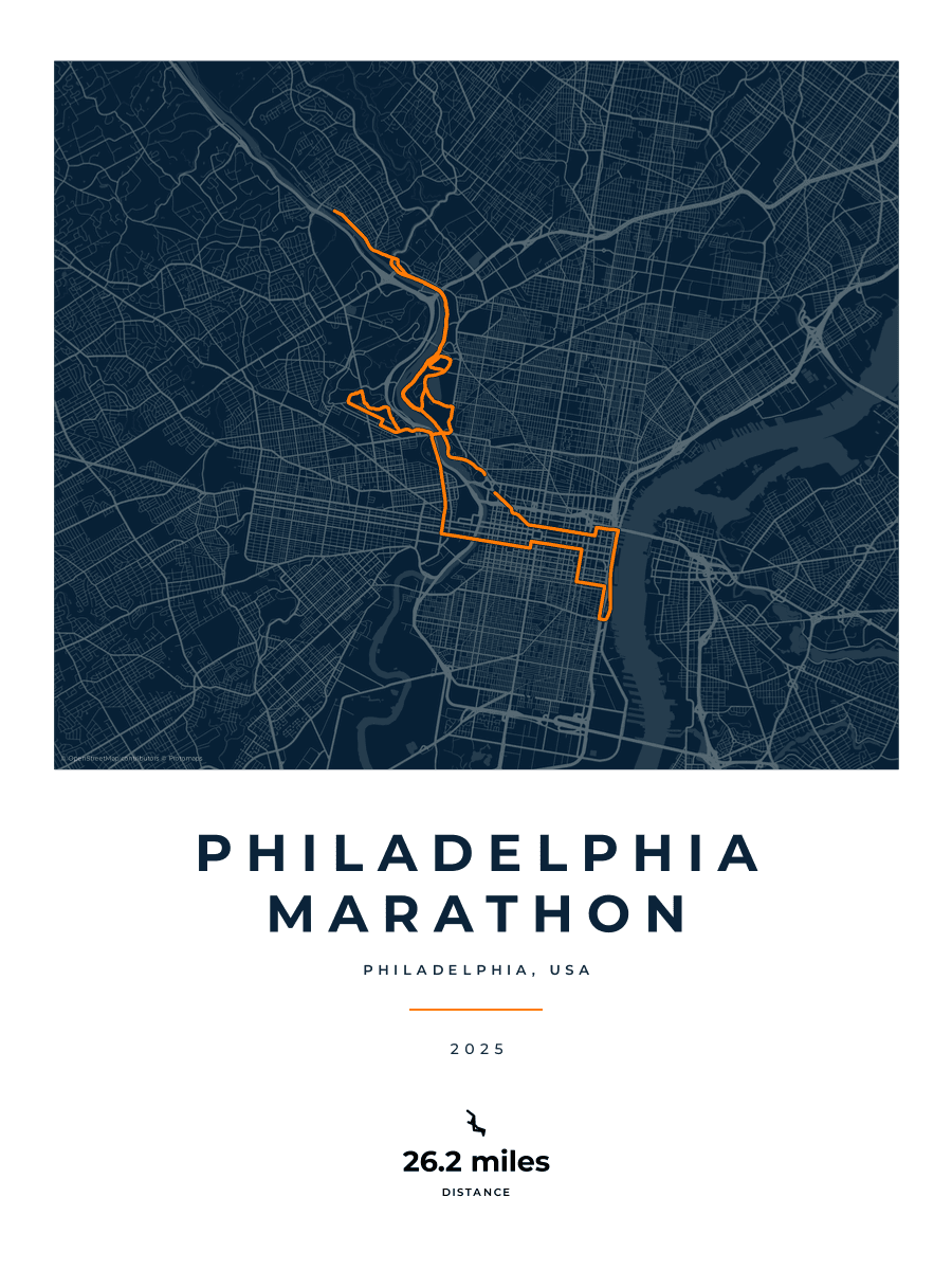 Philadelphia Marathon route poster preview in the Race Blueprint artwork style