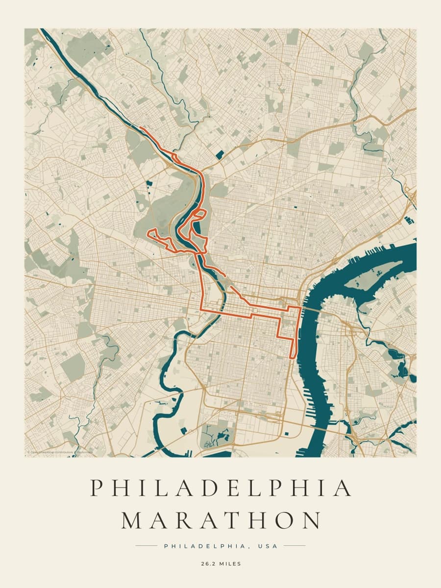 Philadelphia Marathon route poster preview in the Coastal Atlas artwork style