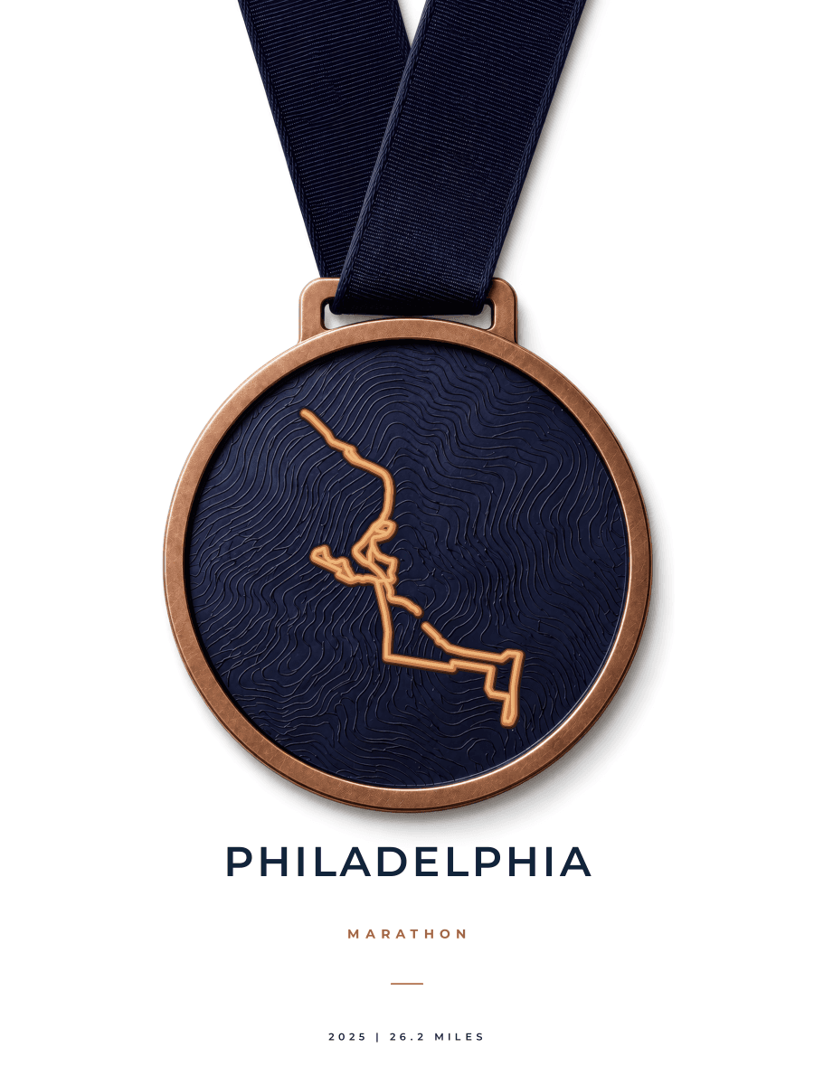 Philadelphia Marathon route poster preview in the Medal artwork style
