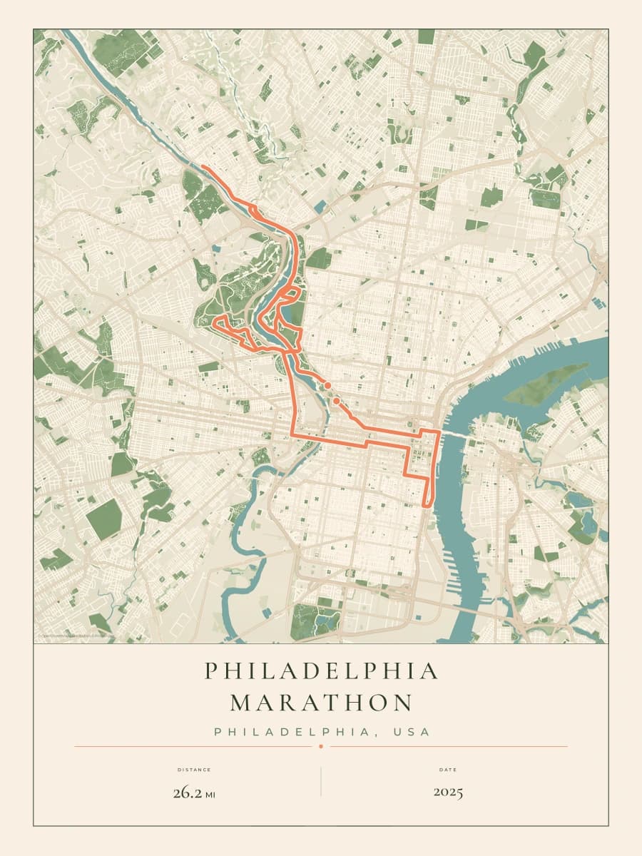 Philadelphia Marathon route poster preview in the Parkland artwork style