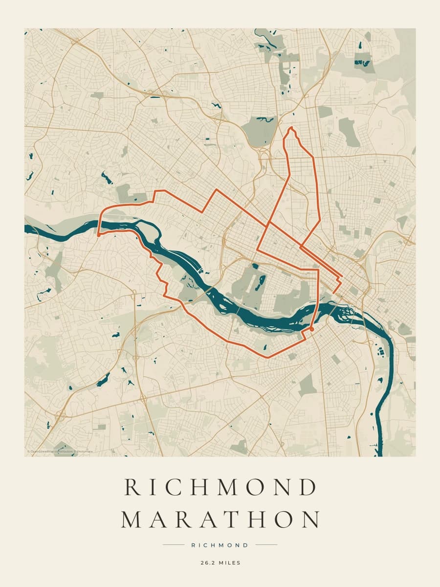 Richmond Marathon route map poster preview in the Coastal Atlas artwork style