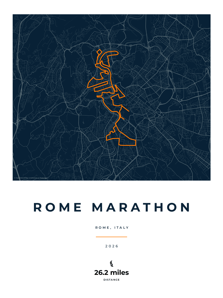 Rome Marathon route poster preview in the Race Blueprint artwork style