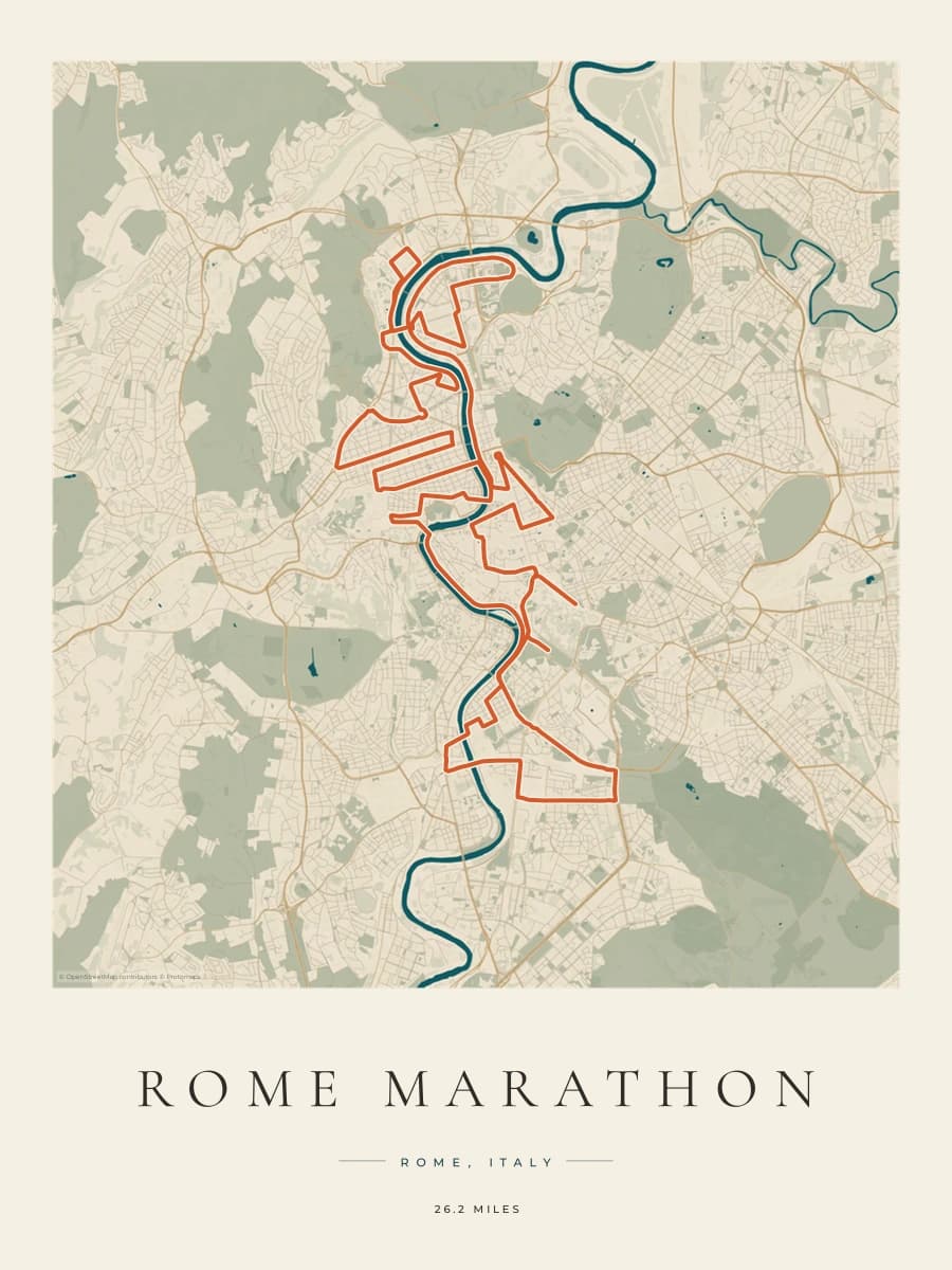 Rome Marathon route poster preview in the Coastal Atlas artwork style