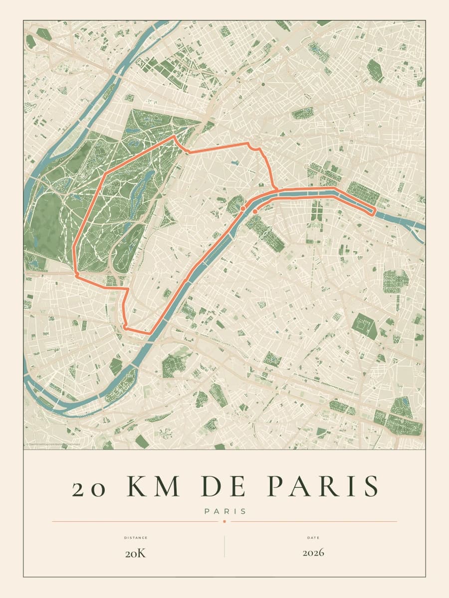 20 km de Paris route map poster preview in the Parkland artwork style