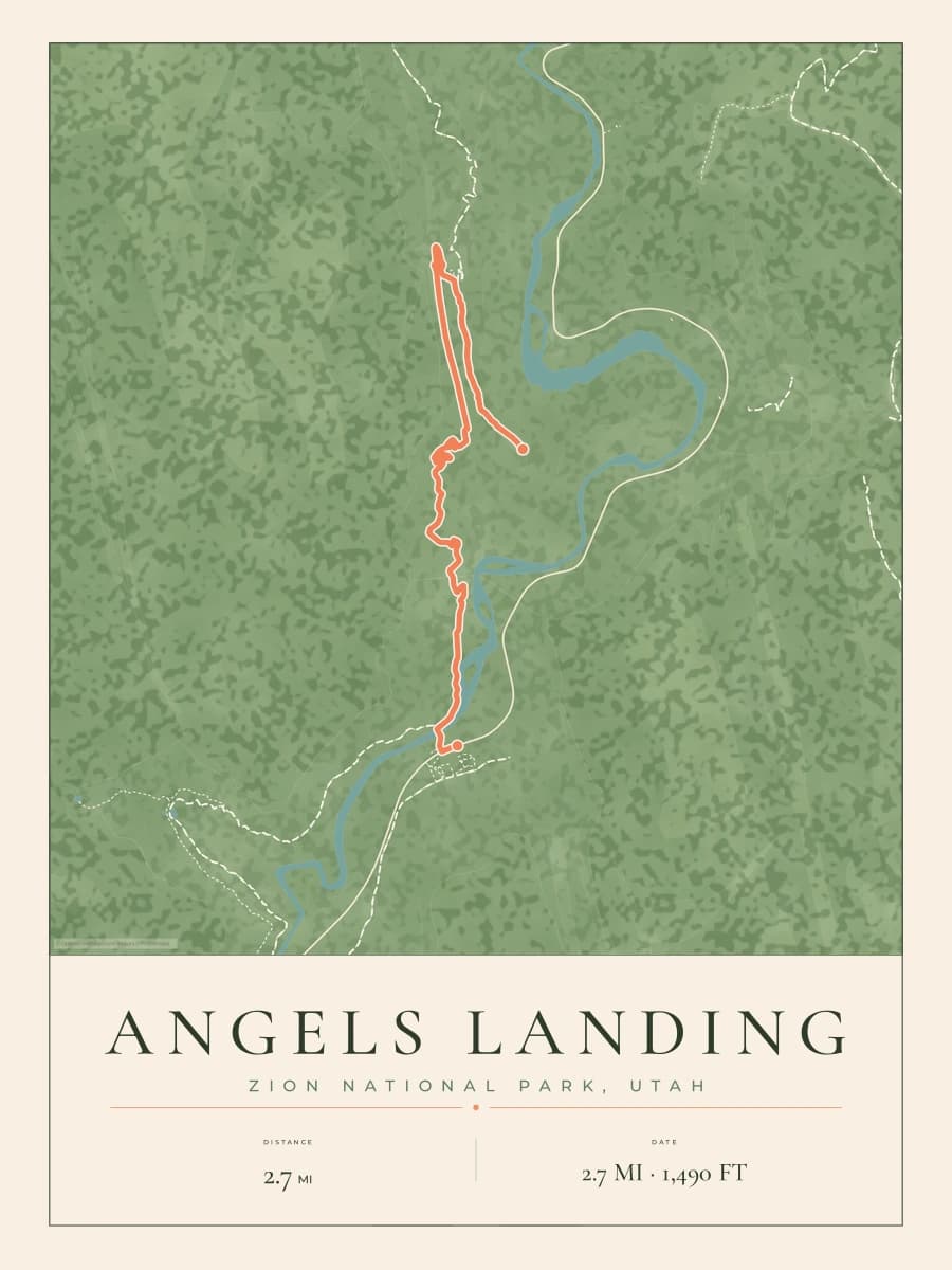 Angels Landing route map poster preview in the Parkland artwork style