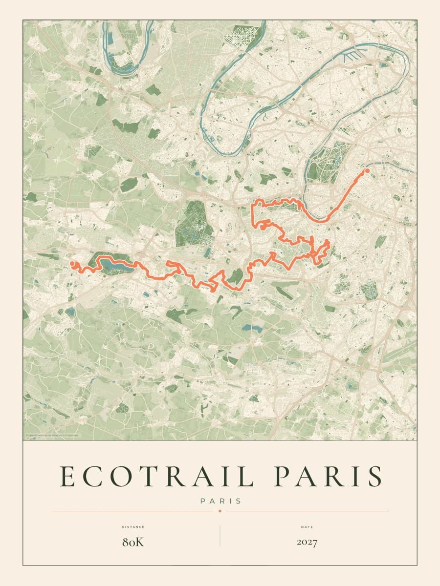 EcoTrail Paris route map poster preview in the Parkland artwork style