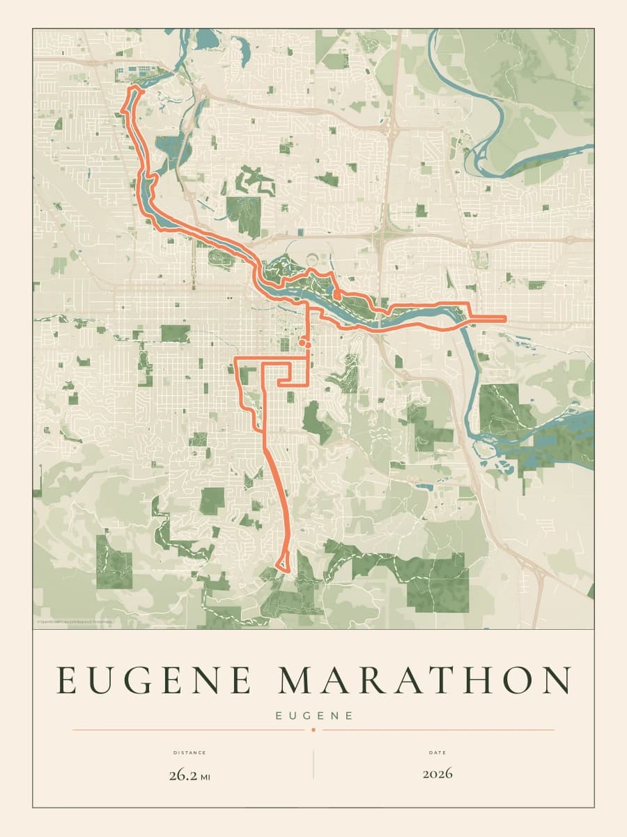 Eugene Marathon route map poster preview in the Parkland artwork style