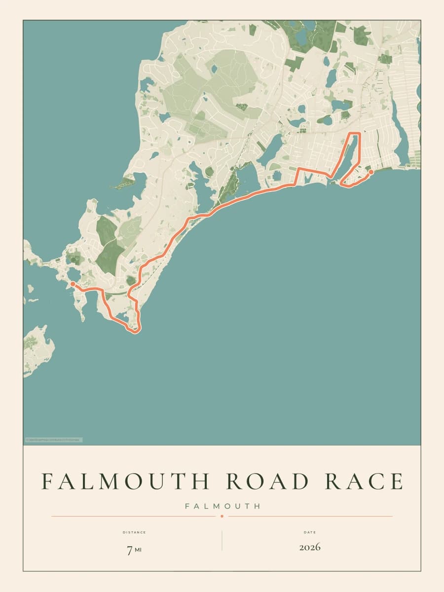 Falmouth Road Race route map poster preview in the Parkland artwork style
