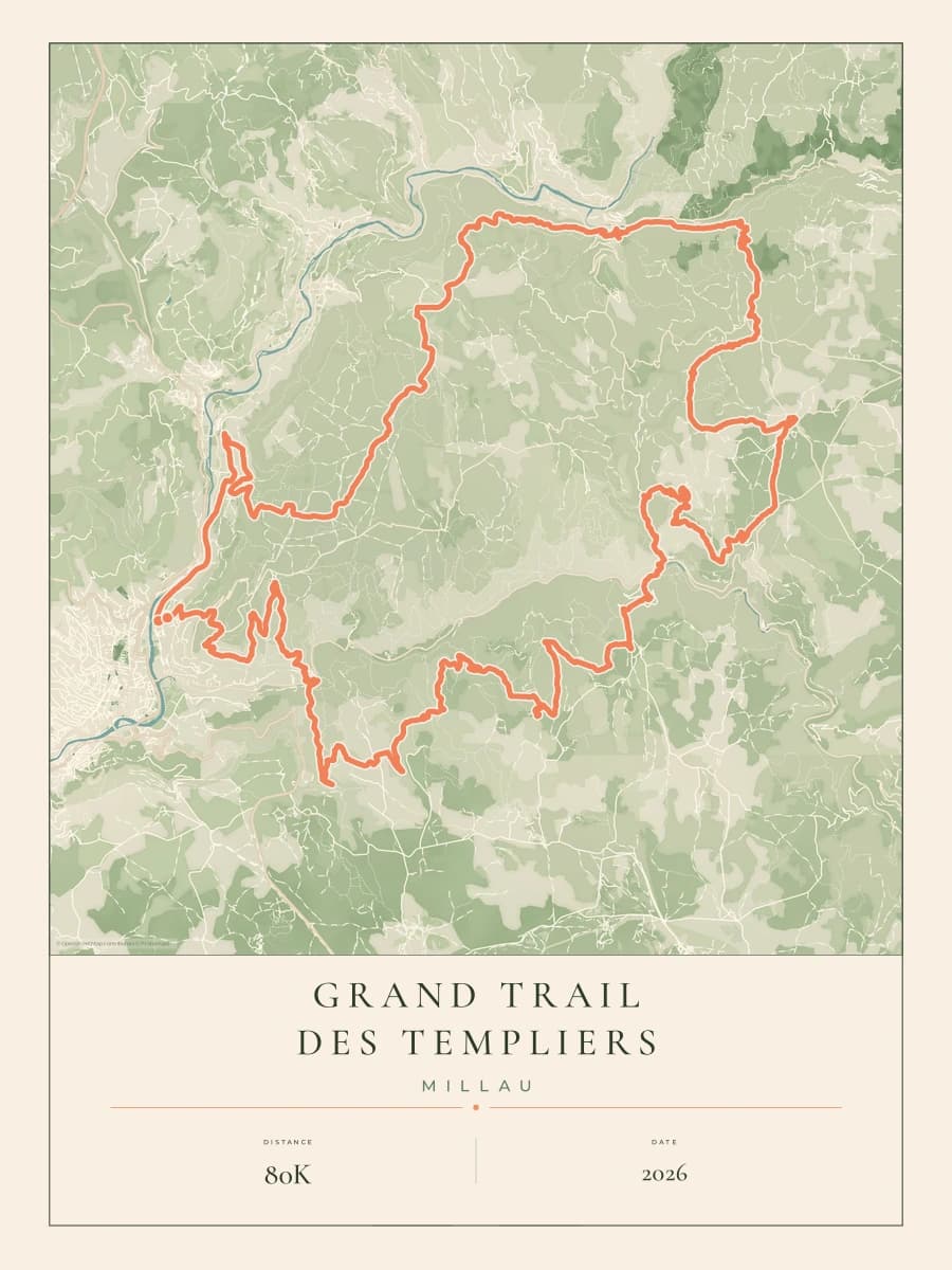 Grand Trail des Templiers route map poster preview in the Parkland artwork style