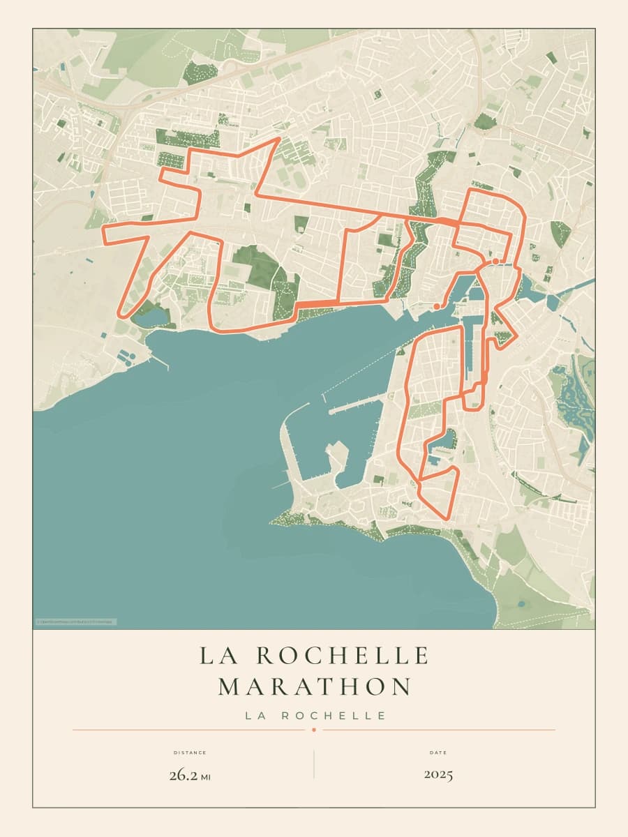 La Rochelle Marathon route map poster preview in the Parkland artwork style