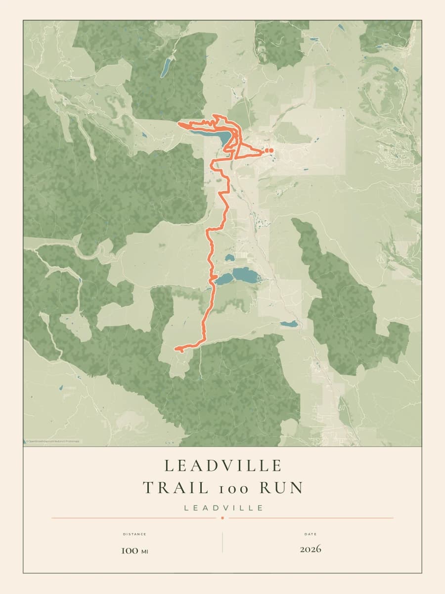 Leadville Trail 100 Run route map poster preview in the Parkland artwork style