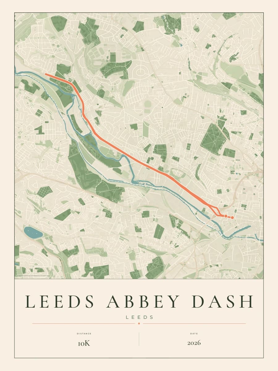 Leeds Abbey Dash route map poster preview in the Parkland artwork style