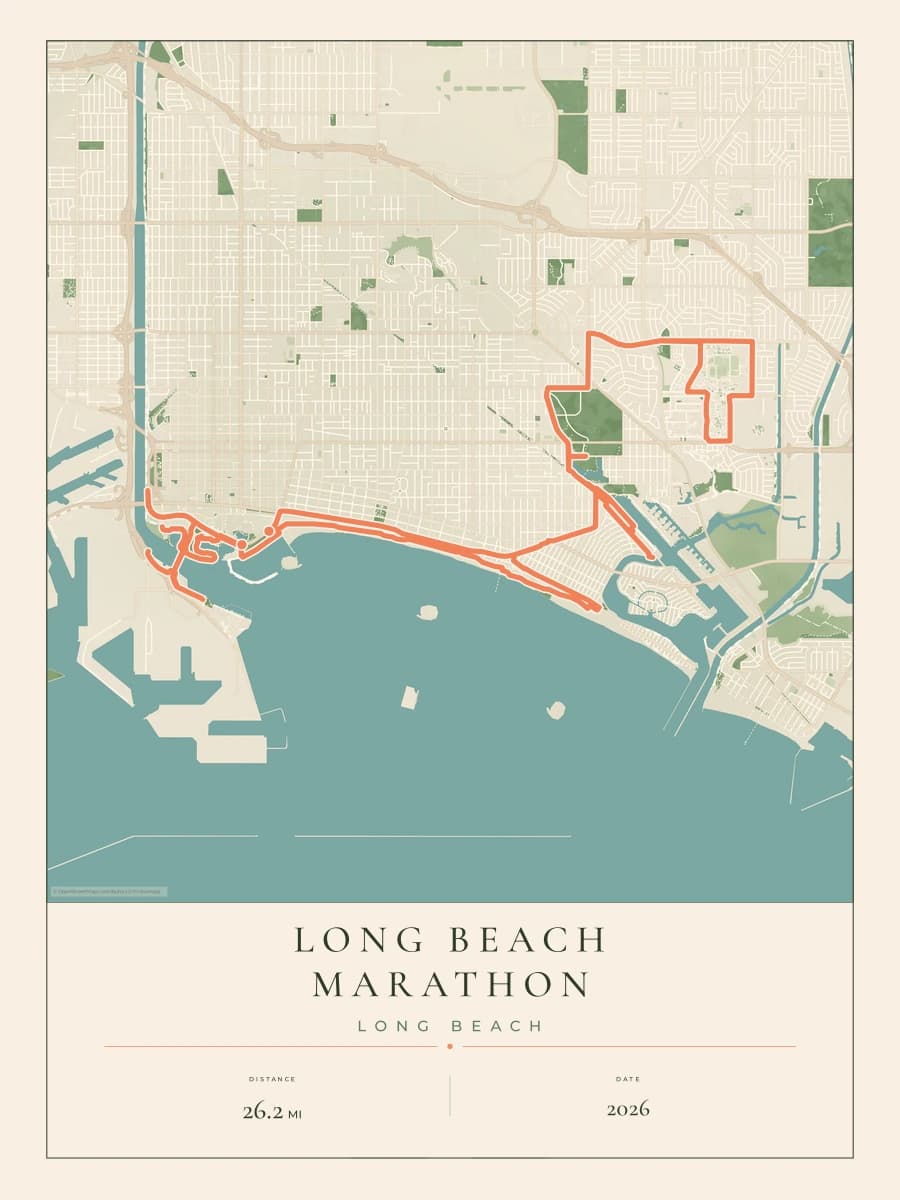 Long Beach Marathon route map poster preview in the Parkland artwork style