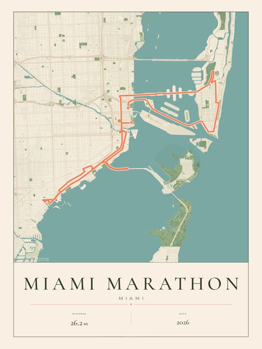 Miami Marathon route map poster preview in the Parkland artwork style