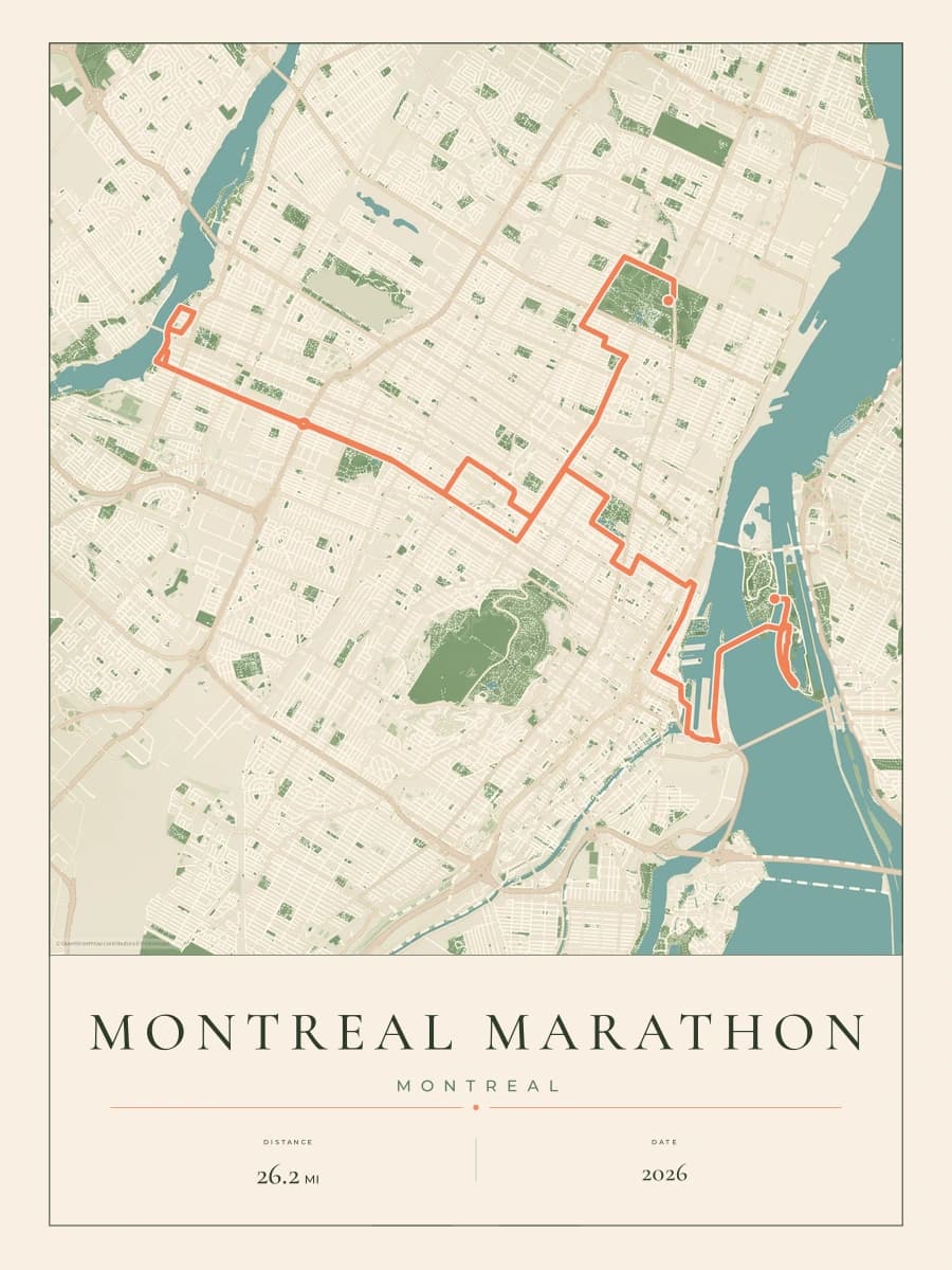 Montreal Marathon route map poster preview in the Parkland artwork style