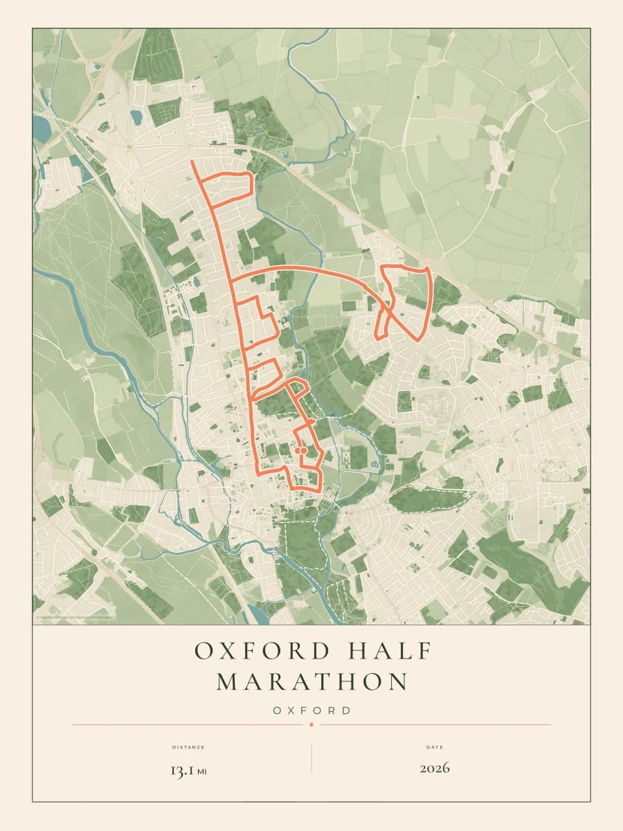 Oxford Half Marathon route map poster preview in the Parkland artwork style