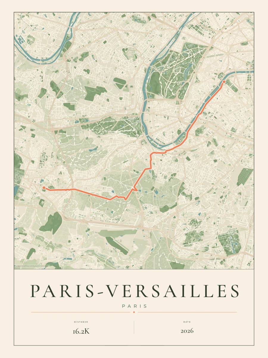 Paris-Versailles route map poster preview in the Parkland artwork style