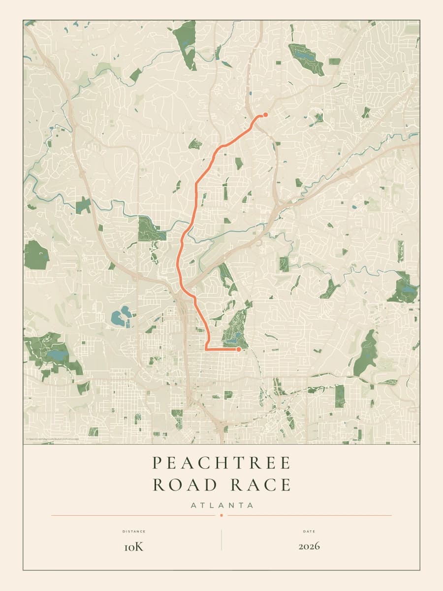 Peachtree Road Race route map poster preview in the Parkland artwork style