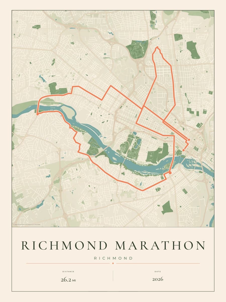 Richmond Marathon route map poster preview in the Parkland artwork style
