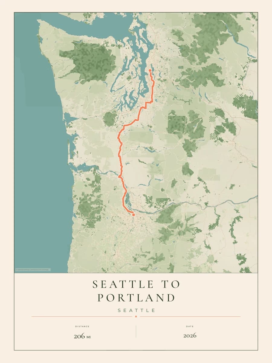 Seattle to Portland route map poster preview in the Parkland artwork style