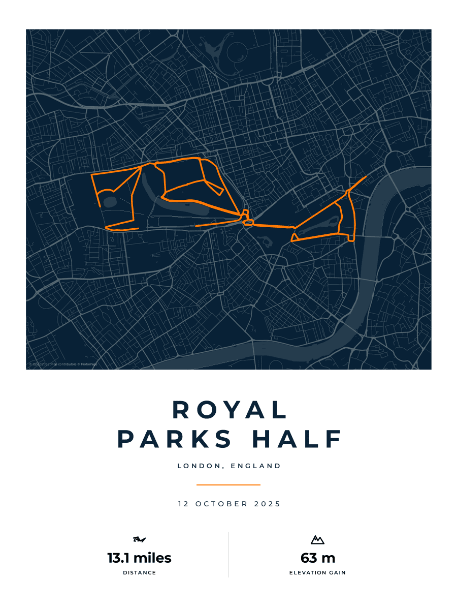 Royal Parks Half Marathon route poster preview in the Race Blueprint artwork style
