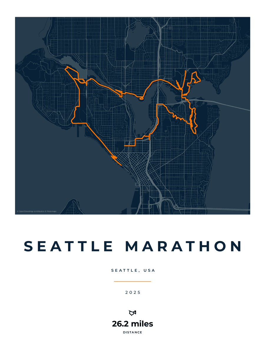 Seattle Marathon route poster preview in the Race Blueprint artwork style