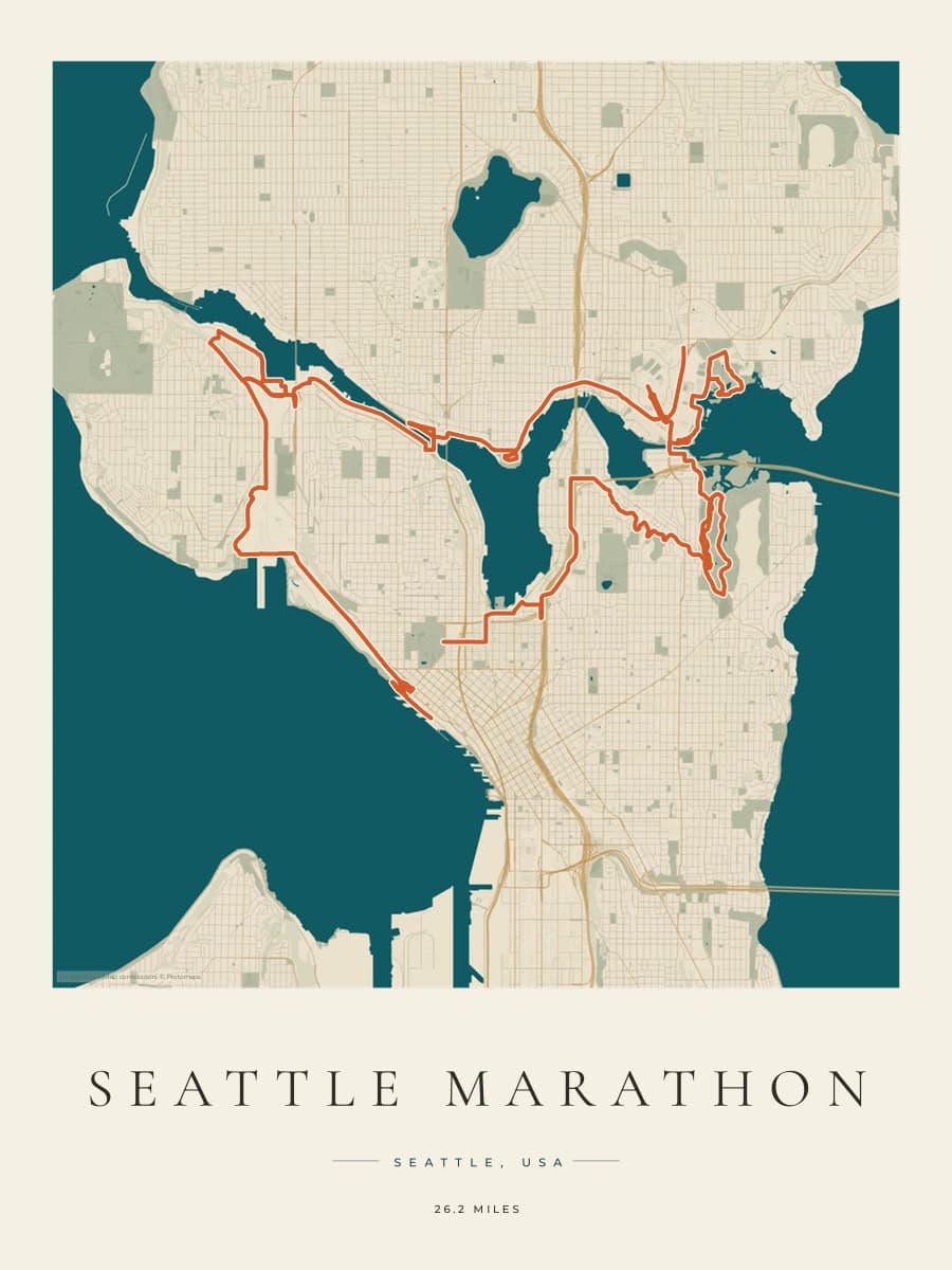 Seattle Marathon route poster preview in the Coastal Atlas artwork style