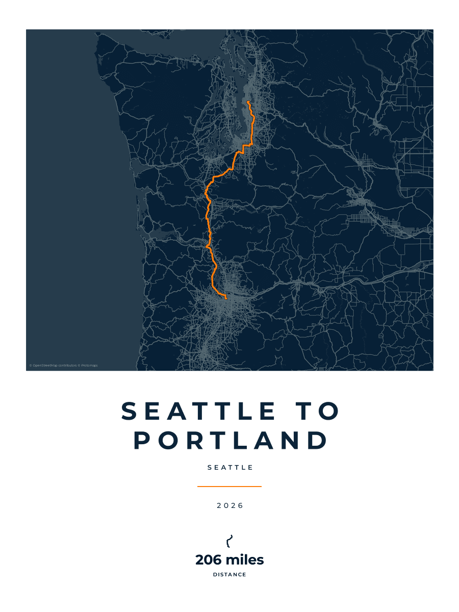 Seattle to Portland route map poster preview in the Race Blueprint artwork style