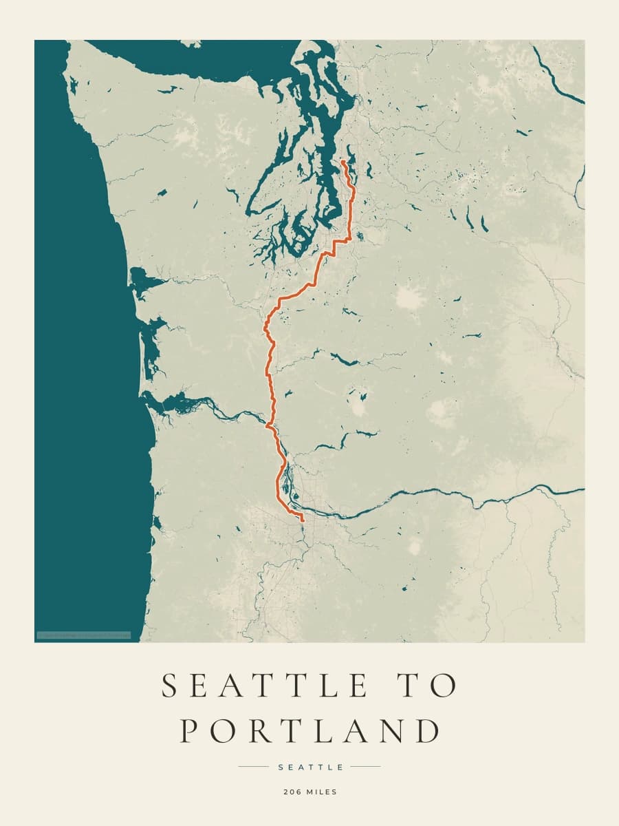 Seattle to Portland route map poster preview in the Coastal Atlas artwork style