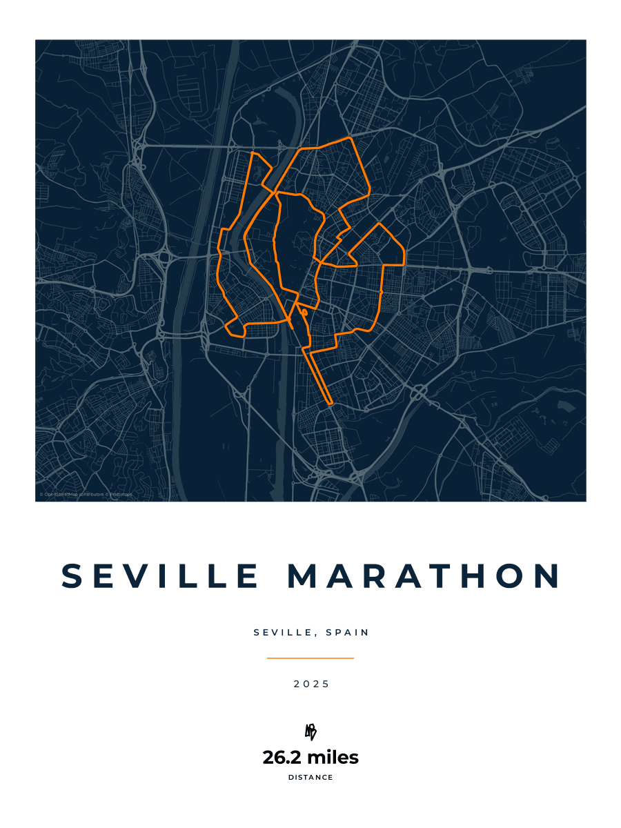 Seville Marathon route poster preview in the Race Blueprint artwork style
