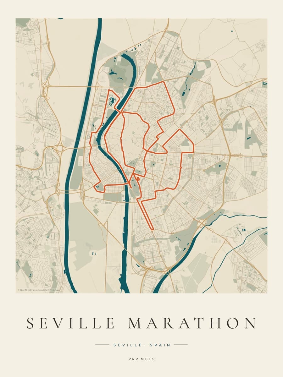 Seville Marathon route poster preview in the Coastal Atlas artwork style