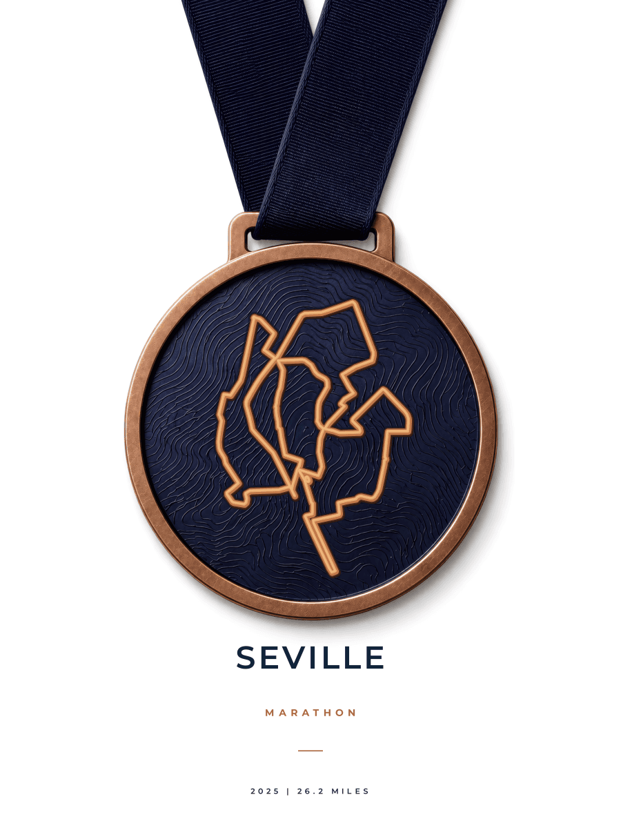 Seville Marathon route poster preview in the Medal artwork style