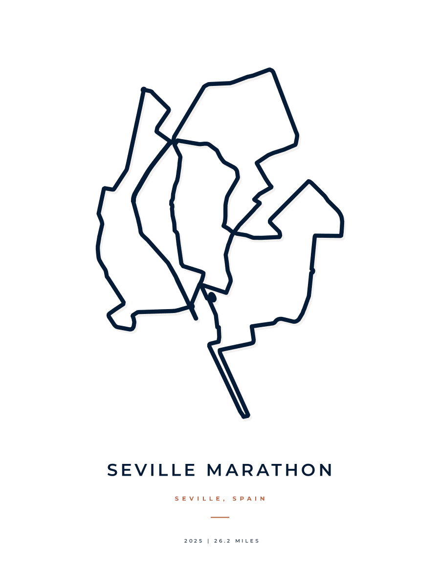 Seville Marathon route poster preview in the Minimal artwork style