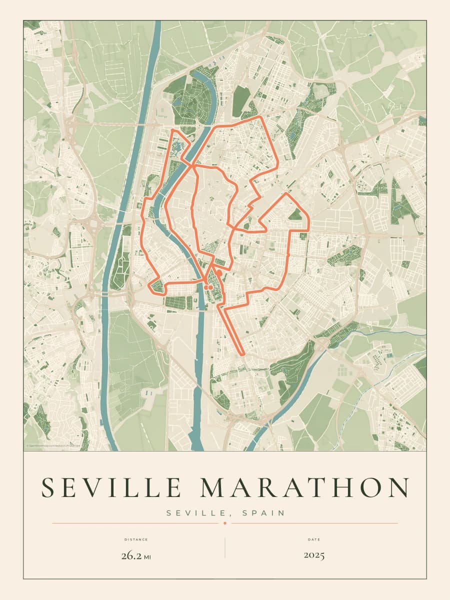 Seville Marathon route poster preview in the Parkland artwork style