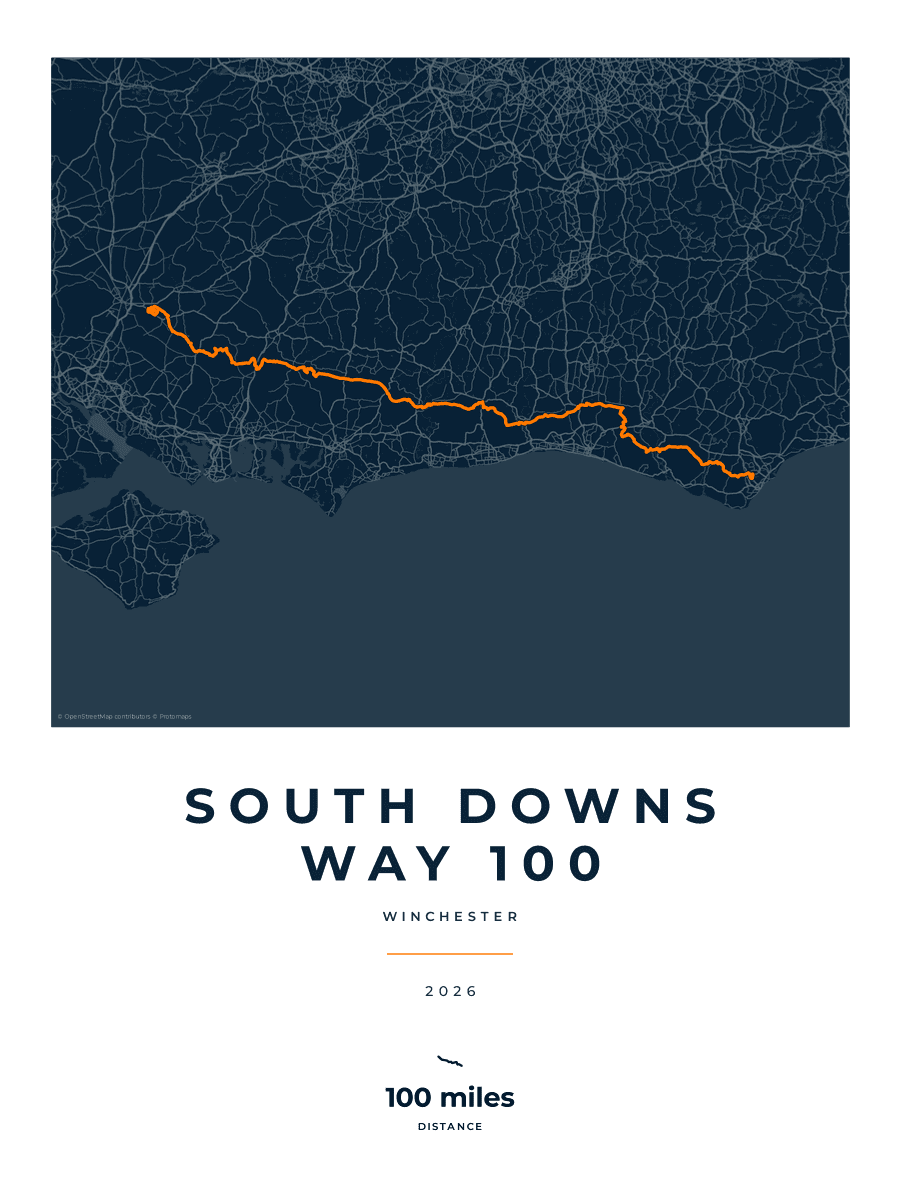 South Downs Way 100 route poster preview in the Race Blueprint artwork style