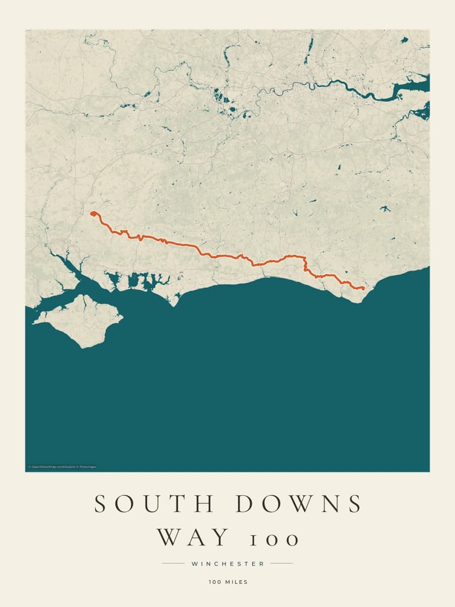 South Downs Way 100 route poster preview in the Coastal Atlas artwork style