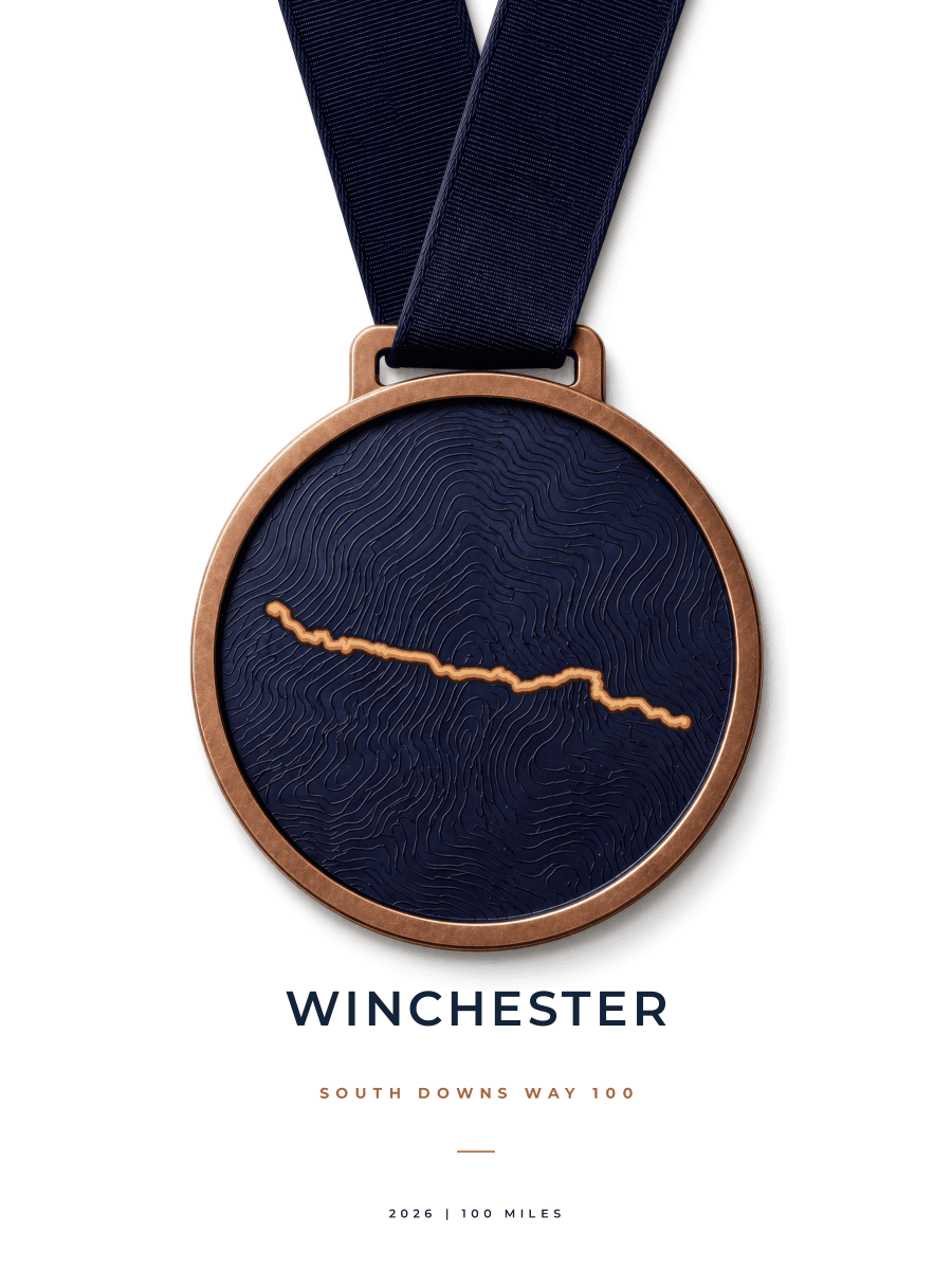 South Downs Way 100 route poster preview in the Medal artwork style