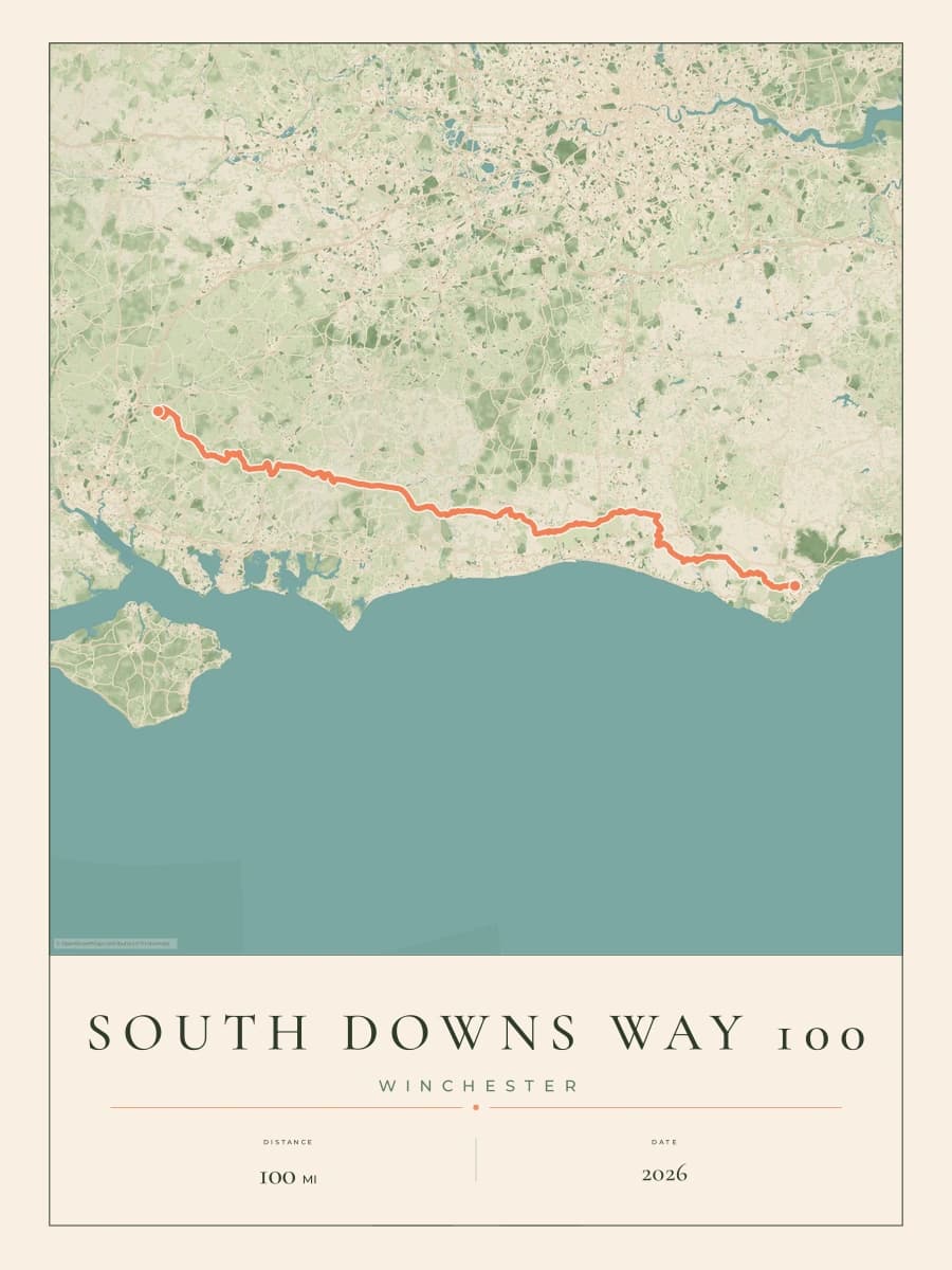 South Downs Way 100 route poster preview in the Parkland artwork style