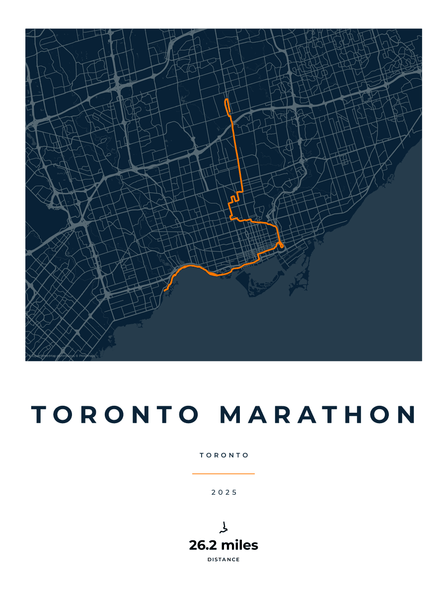 Toronto Marathon route map poster preview in the Race Blueprint artwork style