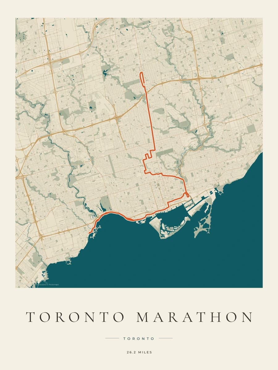 Toronto Marathon route map poster preview in the Coastal Atlas artwork style