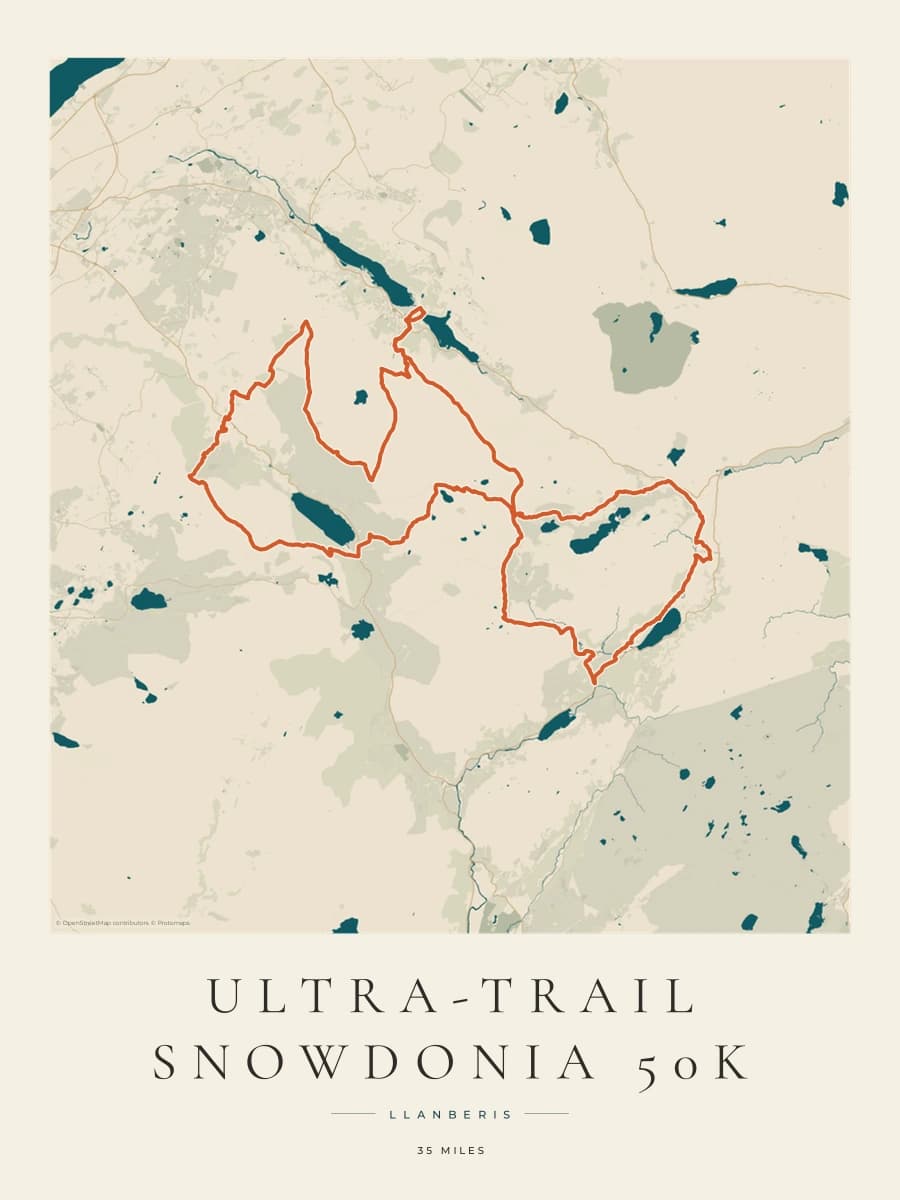 Ultra-Trail Snowdonia 50K route poster preview in the Coastal Atlas artwork style